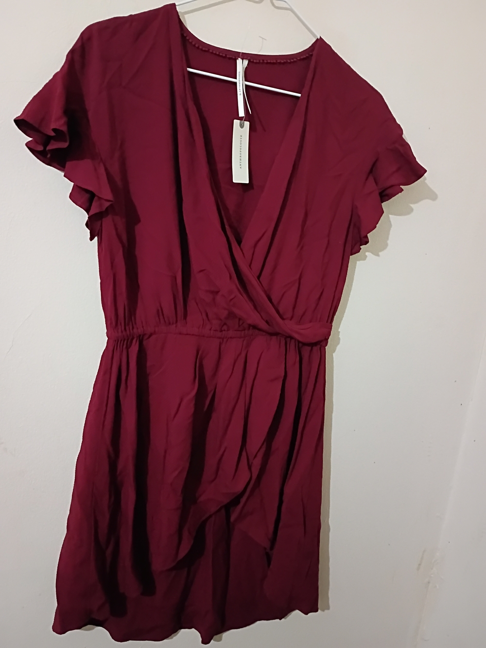 Anthropologie Women's Burgundy/Wine Wrap-Front Short Sleeve Dress